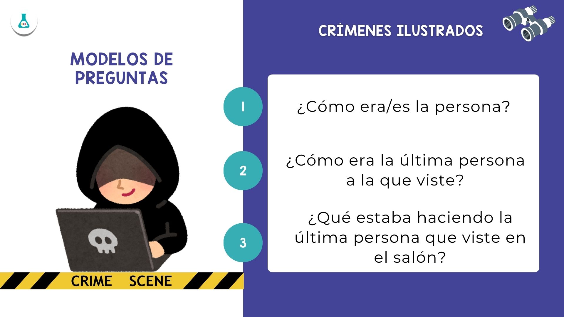 Modelos de preguntas para resolver un caso de un crimen ilustrado en la clase de español.